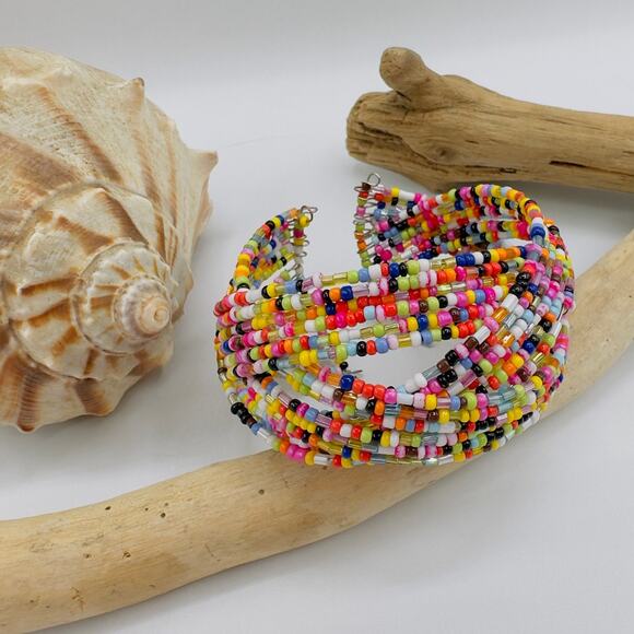 Colorful Multi-Strand Seed Bead Cuff Bracelet-Boho Festival Jewelry - Picture 2 of 5